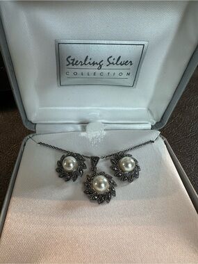 Sterling Silver Pearl & Marcasite Necklace Set
